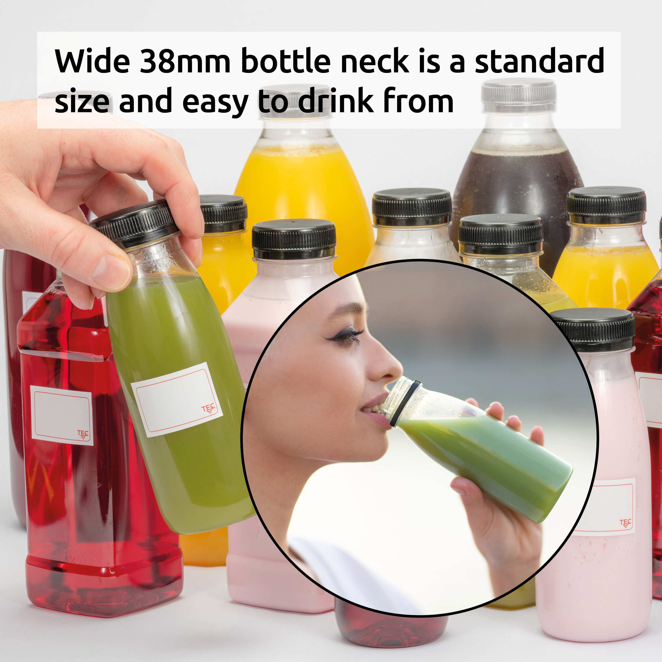 Juice Bottles 330ml Round Plastic with Lids - Image 3