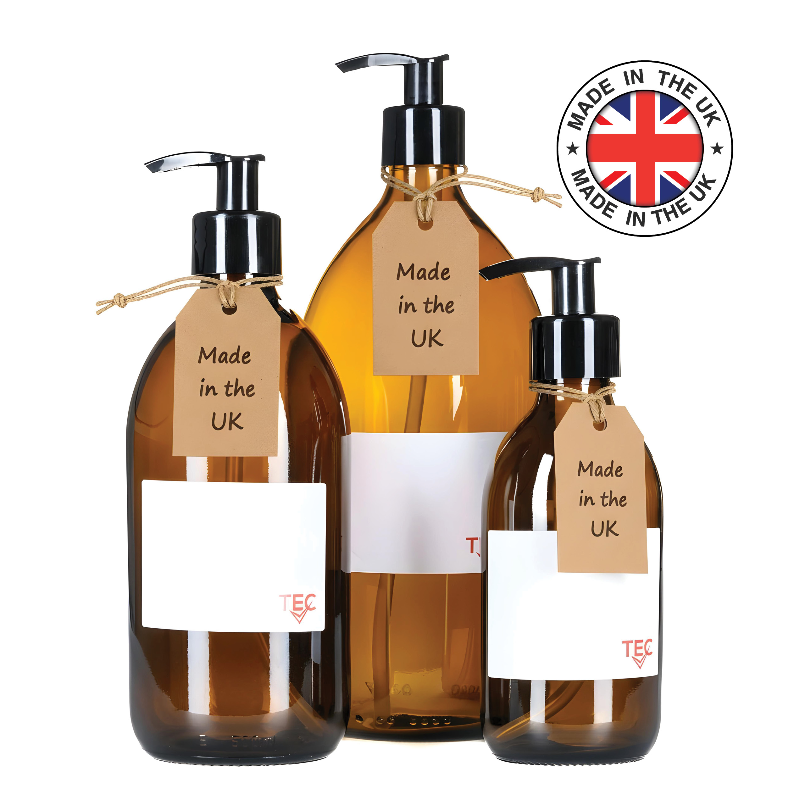 Amber Glass Bottles With Pump Dispenser 500ml 65% Recycled UK Made Small Soap Dispenser for Handwash Recyclable Refillable Labels Wrapped in Brown Sustainable Paper - Image 2